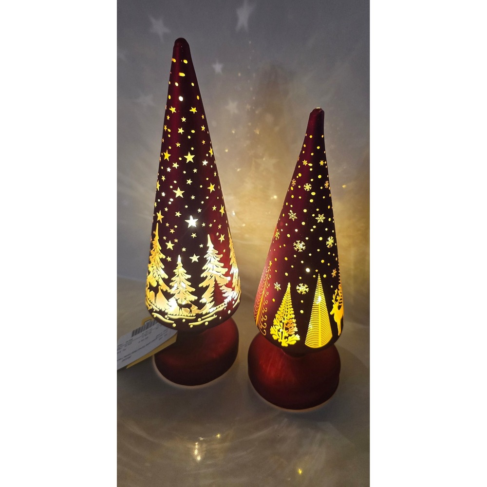 New Gerson Red Glass Laser Etched Lighted Holiday Trees with Timer Set of 2